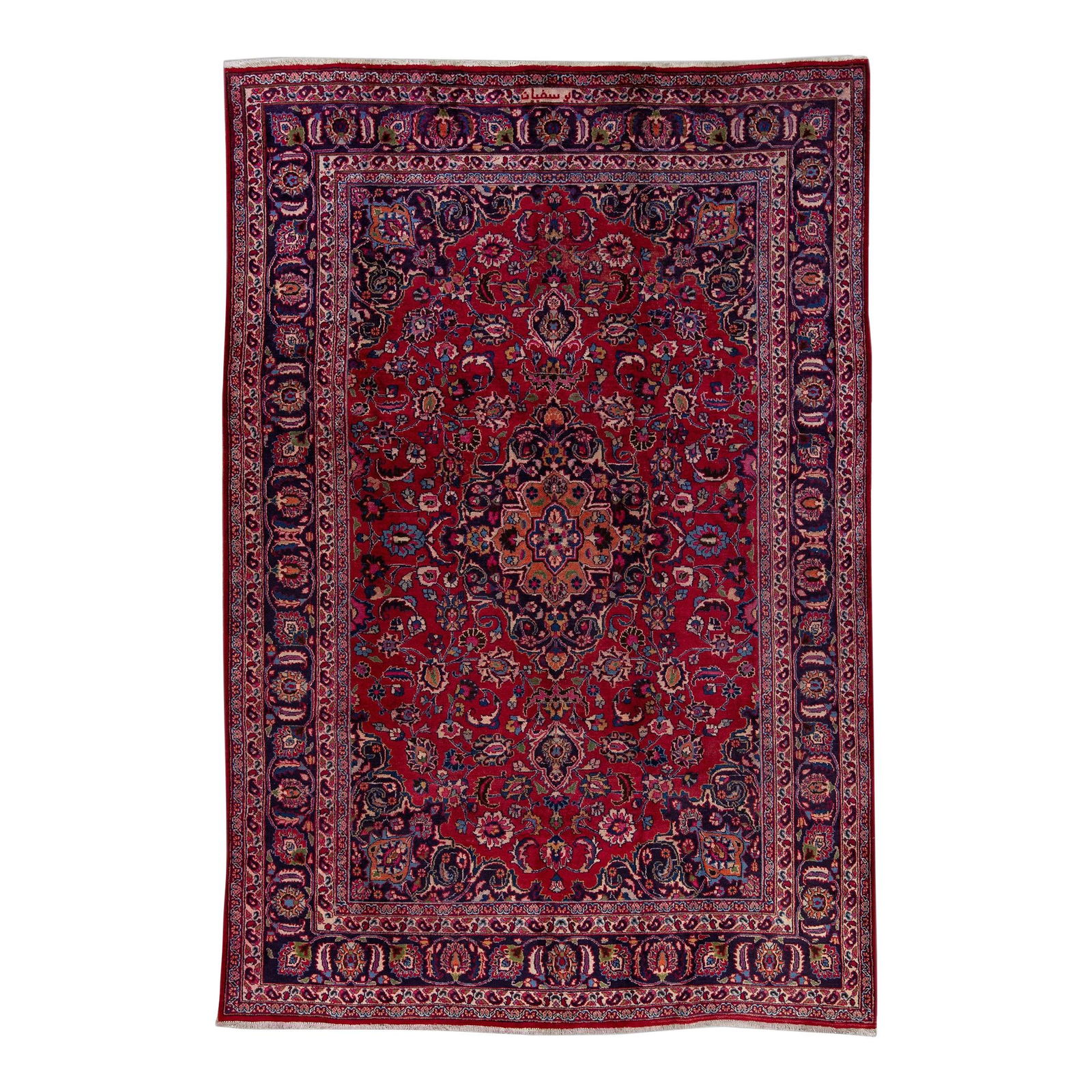 Vintage Persian Tabriz Hand-Knotted Wool Rug 6'9 x 9'10 Red: Vintage Persian Tabriz Hand-Knotted Wool Rug 6'9 x 9'10 Red Discover the exquisite craftsmanship of this vintage Persian Mashad handmade rug, featuring a vibrant red color field complemented by a blue