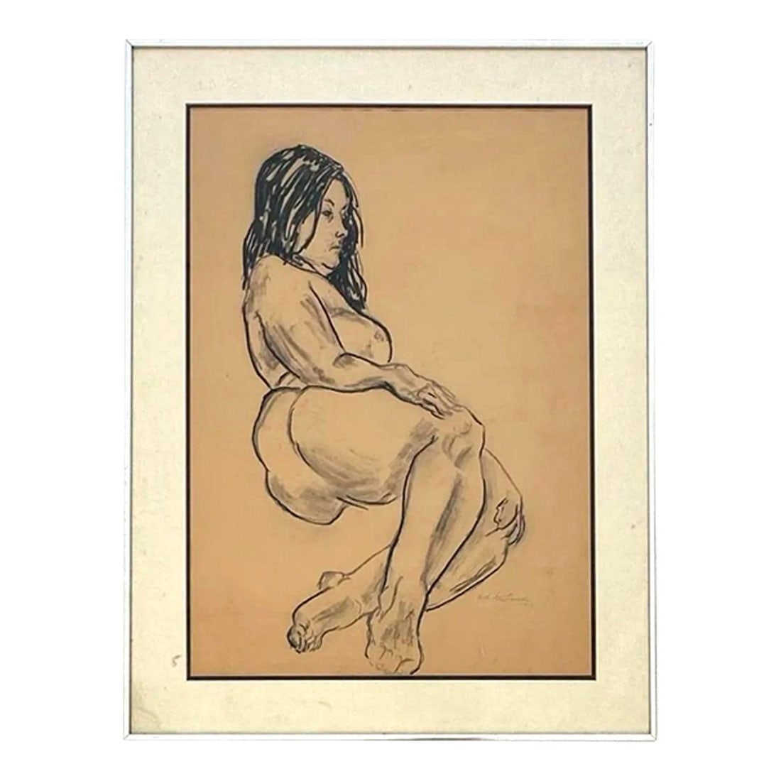 Expressive Framed Charcoal Art Depicting Vintage Female Nude Figure: Expressive Framed Charcoal Art Depicting Vintage Female Nude Figure This vintage figure drawing features a nude woman rendered in expressive charcoal on warm-toned paper. The artwork showcases bold, c