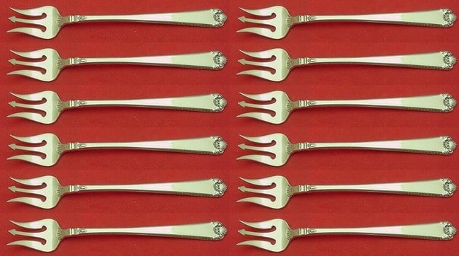 Watson Sterling Silver George II Rex Cocktail Fork Set 12 pcs: Watson Sterling Silver George II Rex Cocktail Fork Set 12 pcs This exquisite 12-piece cocktail fork set features the elegant George II Rex hand-chased pattern, crafted by Watson. Each fork measures 5