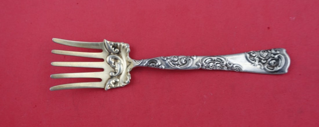 Whiting Rose and Scroll Sterling Silver Sardine Fork 6 Gold Washed 5-Tine: Whiting Rose and Scroll Sterling Silver Sardine Fork 6 Gold Washed 5-Tine This exquisite Rose and Scroll sardine fork by Whiting features a beautiful 5-tine design crafted from high-quality sterling s