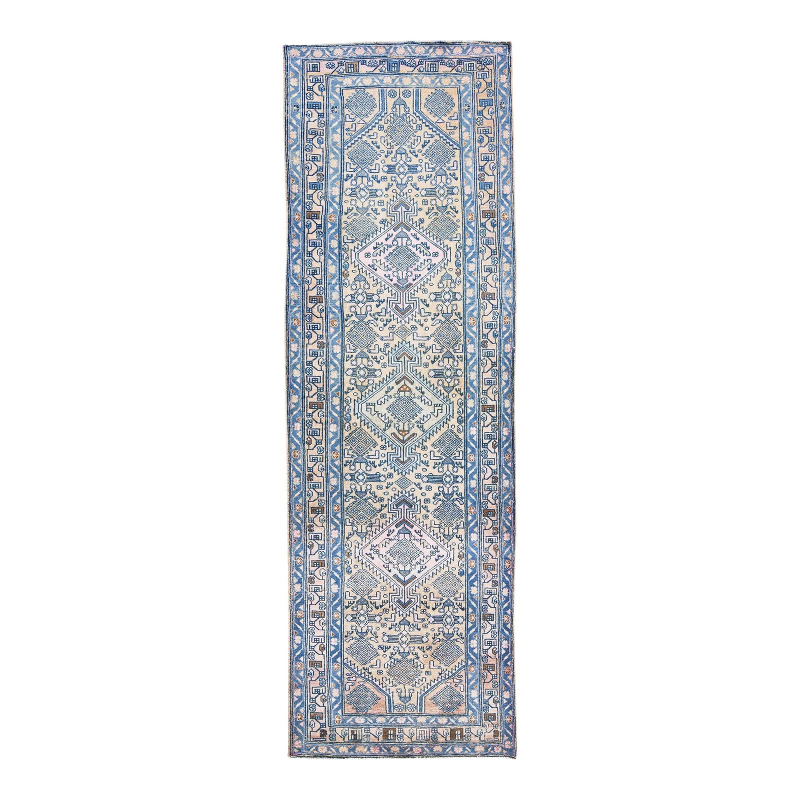 Vintage Persian Hamadan Navy Blue Wool Runner 3'3 x 10'1 Handmade Tribal Design: Vintage Persian Hamadan Navy Blue Wool Runner 3'3 x 10'1 Handmade Tribal Design Discover this stunning vintage Persian Hamadan hand-knotted wool runner, showcasing a rich navy blue field. The design f