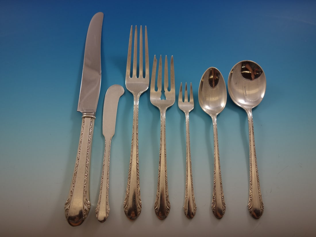 Alvin Chased Romantique Sterling Silver Flatware Set 91 pcs for 12 with Storage Chest: Alvin Chased Romantique Sterling Silver Flatware Set 91 pcs for 12 with Storage Chest Elevate your dining experience with this exquisite Chased Romantique Sterling Silver Flatware Set by Alvin. Perfec