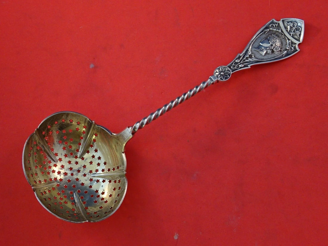 Victorian Sterling Silver Sugar Sifter Wood & Hughes Medallion 7 5/8 Inches: Victorian Sterling Silver Sugar Sifter Wood & Hughes Medallion 7 5/8 Inches This exquisite Victorian-style sugar sifter by Wood & Hughes features a stunning medallion pattern and a twist handle, datin