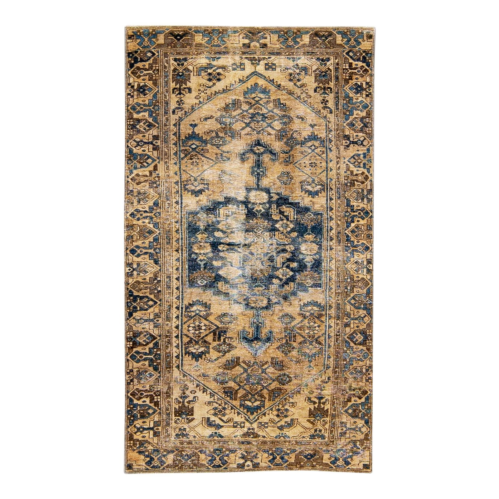 Vintage Persian Handmade Wool Rug Geometric Design 4'1" x 7'3": Vintage Persian Handmade Wool Rug Geometric Design 4'1" x 7'3" This exquisite vintage Persian rug showcases a distressed hand-knotted design made from high-quality wool. The tan color field is elegant