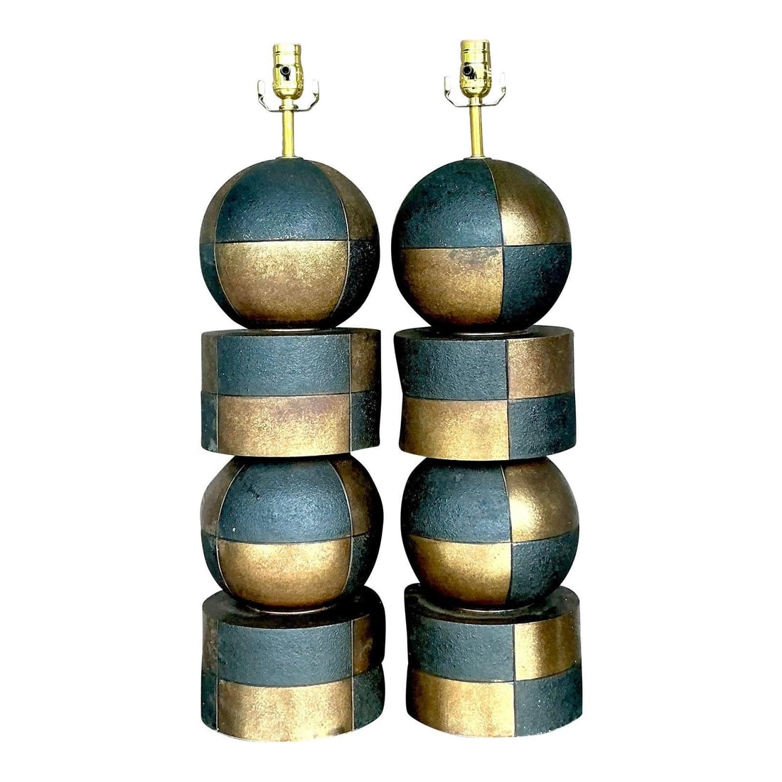 Vintage Harlequin Lamps Pair Black Brass Bronze Finish 28.5" Tall: Vintage Harlequin Lamps Pair Black Brass Bronze Finish 28.5" Tall Enhance your living space with this striking pair of Vintage Boho Harlequin lamps. Featuring a bold, sculptural design, these lamps sh