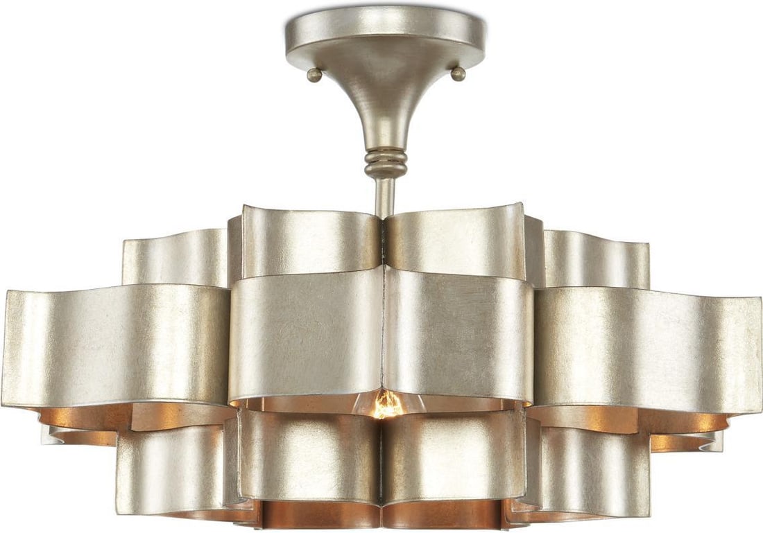 Currey Grand Lotus Asian Modern Chandelier Wrought Iron Silver Finish: Currey Grand Lotus Asian Modern Chandelier Wrought Iron Silver Finish Illuminate your space with this Elegant Asian-Inspired Grand Lotus Light Fixture, designed to blend contemporary aesthetics with t