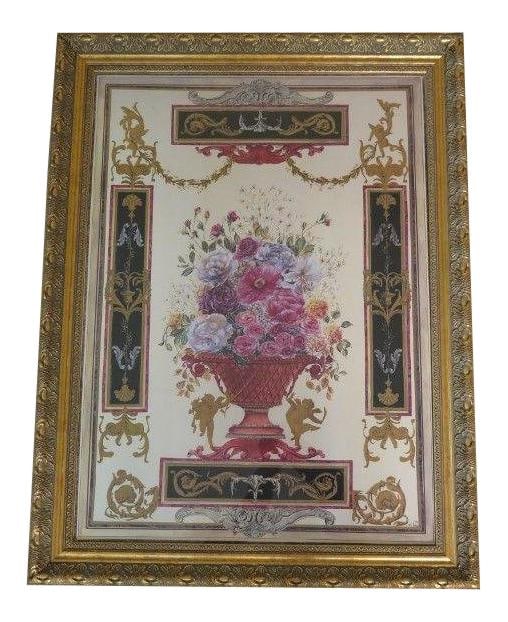 1992 Signed Floral Print in Intricately Carved Gold Frame: 1992 Signed Floral Print in Intricately Carved Gold Frame This stunning 1990s signed flowers print is elegantly showcased in a beautifully carved gold frame, which adds a touch of sophistication to an