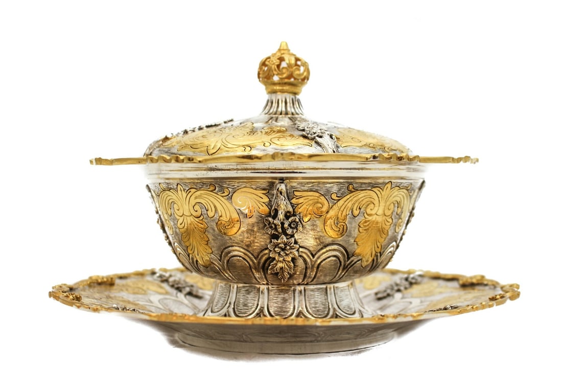 Handcrafted Gilded 925 Sterling Silver Soup Bowl with Tray and Spoon Floral Design (1 of 5)