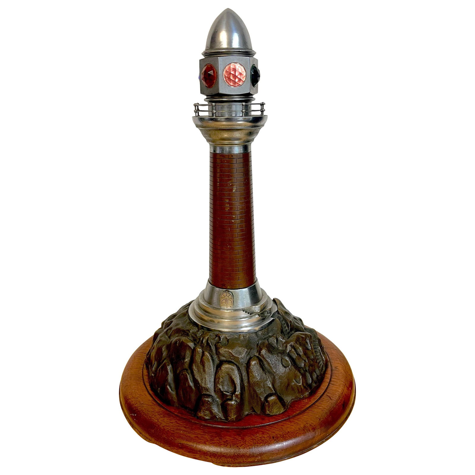 French Art Deco Lighthouse Lamp in Bronze Steel Crystal 1930s: French Art Deco Lighthouse Lamp in Bronze Steel Crystal 1930s This exquisite French Art Deco model of a lighthouse lamp is a stunning blend of materials and craftsmanship. Standing at 22 inches tall,