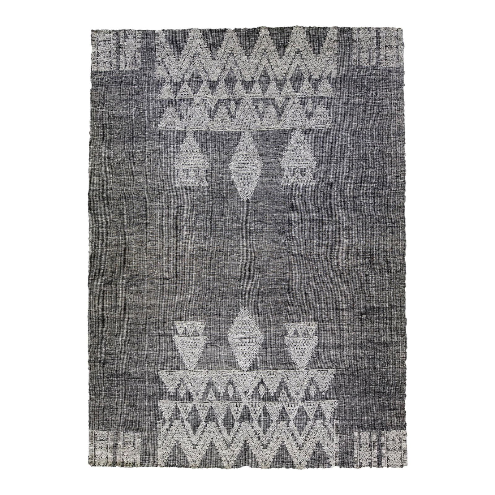 Modern Safi Collection Handmade Wool Rug 10'1 x 13'9 Gray Geometric Design: Modern Safi Collection Handmade Wool Rug 10'1 x 13'9 Gray Geometric Design This exquisite handmade wool rug from Safi Collection features a striking dark gray color field complemented by gray accents