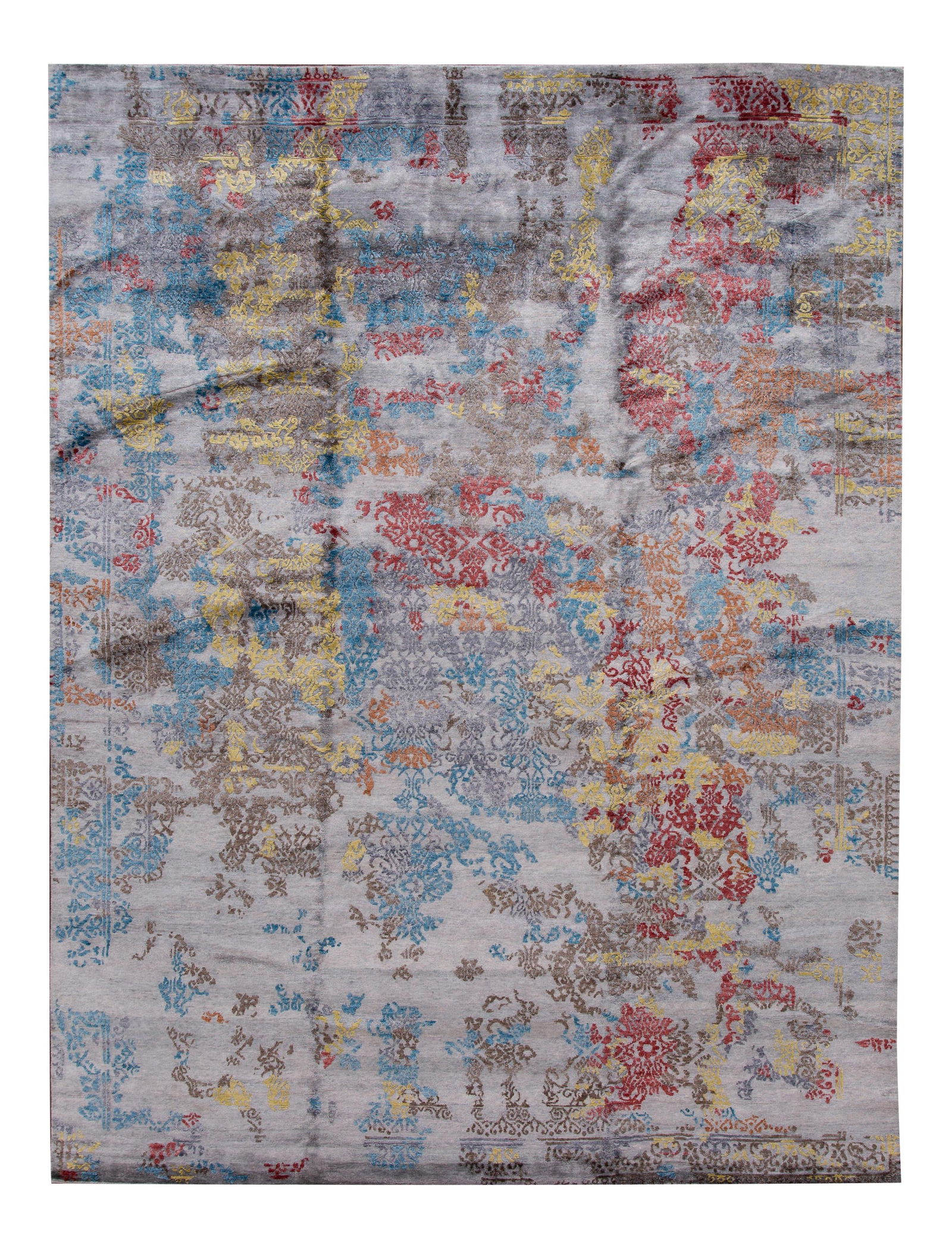 Contemporary Abstract Wool Silk Indian Rug 9' x 12': Contemporary Abstract Wool Silk Indian Rug 9' x 12' Elevate your space with this stunning contemporary Indian rug, expertly hand-knotted from a luxurious blend of wool and silk. Featuring an all-over