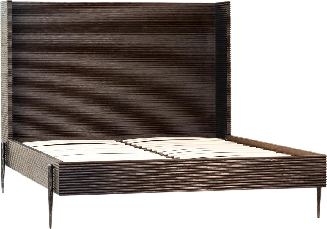 Adamson Bed Black Powder Coated Ebony Wood and Metal Frame: Adamson Bed Black Powder Coated Ebony Wood and Metal Frame Introducing the Adamson Bed, a perfect blend of elegance and durability. This striking bed features a black powder-coated finish, crafted fro