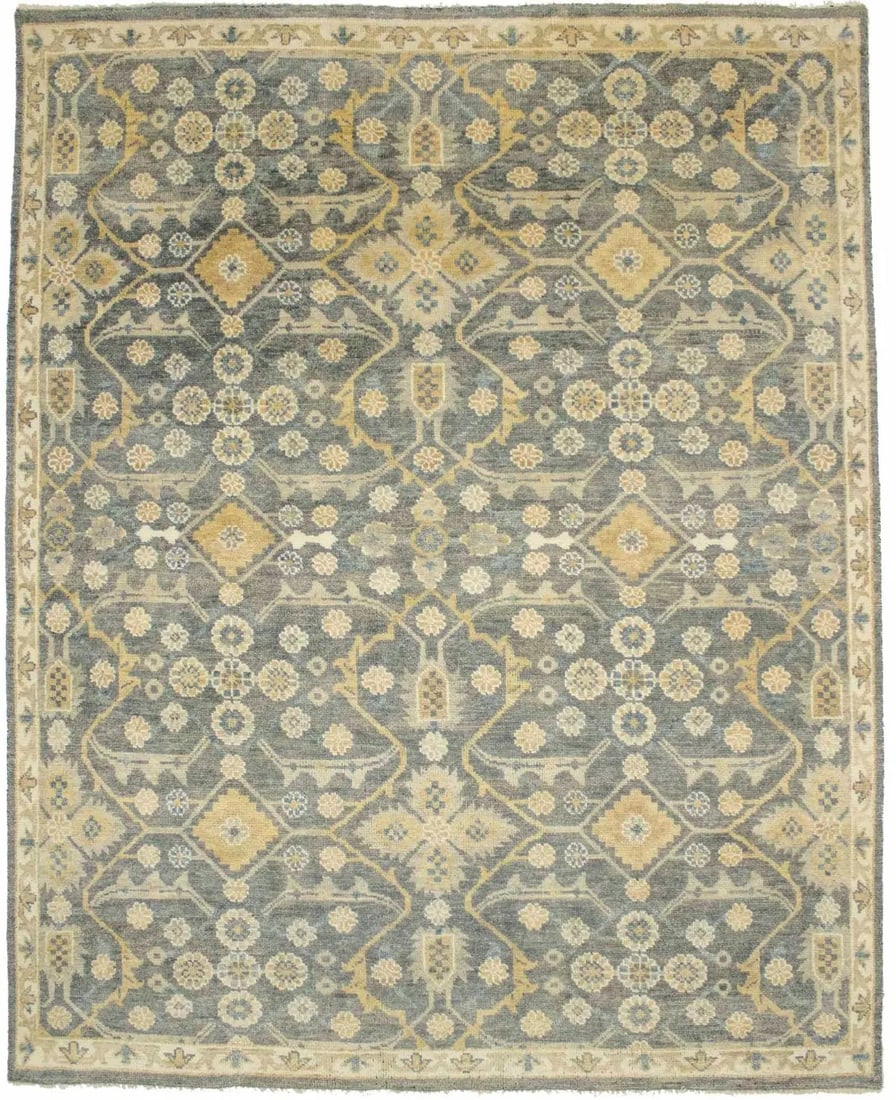 Hand-Knotted Wool Floral Area Rug 8X10 ft Muted Brownish Gray Osh Chobi: Hand-Knotted Wool Floral Area Rug 8X10 ft Muted Brownish Gray Osh Chobi This hand-knotted Osh Chobi Oriental rug features a muted brownish gray color palette with floral patterns and subtle accents of
