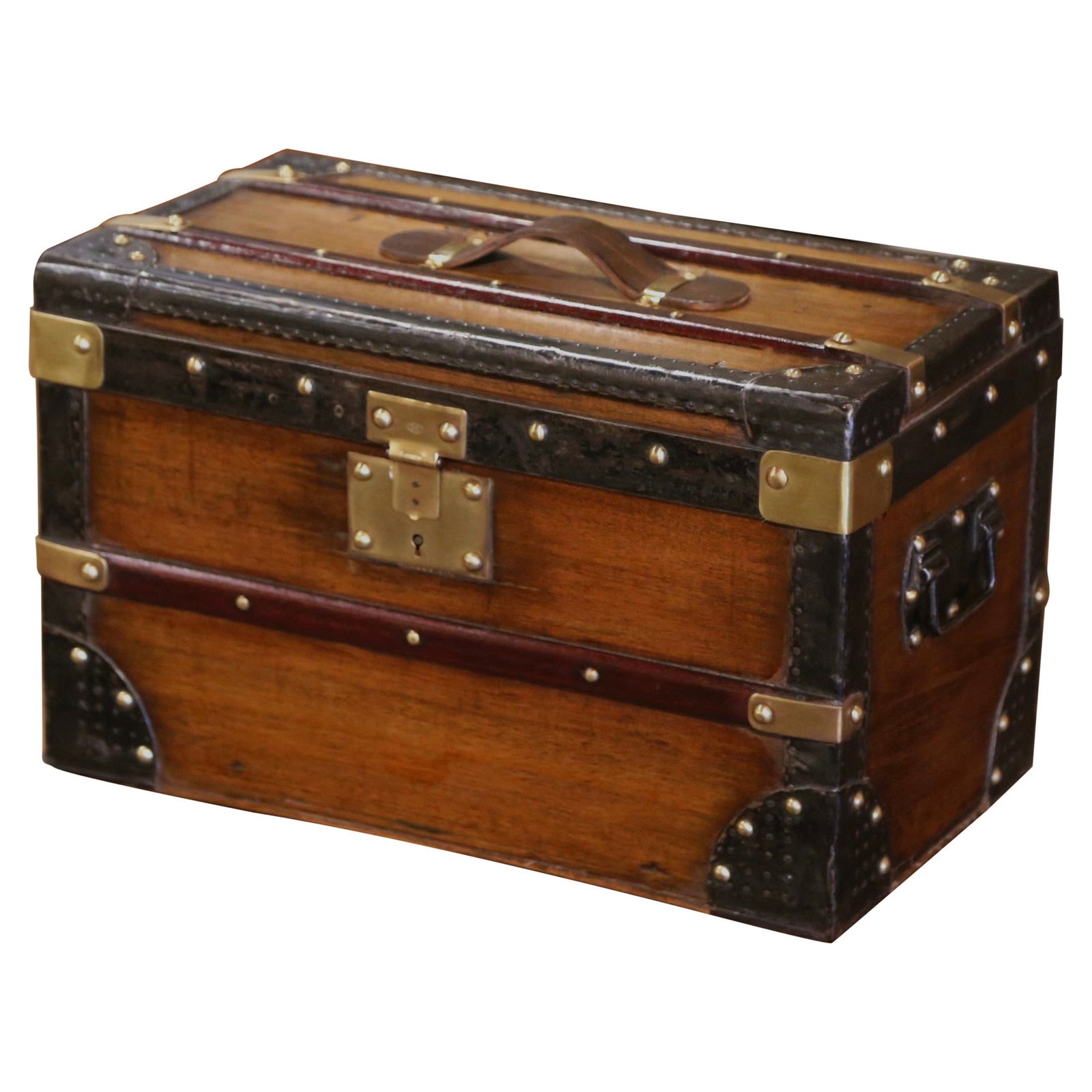 Antique 19th Century French Poplar Leather Jewelry Trunk with Key: Antique 19th Century French Poplar Leather Jewelry Trunk with Key This exquisite late 19th-century French travel trunk, reminiscent of Louis Vuitton designs, is a remarkable piece for storage or displ