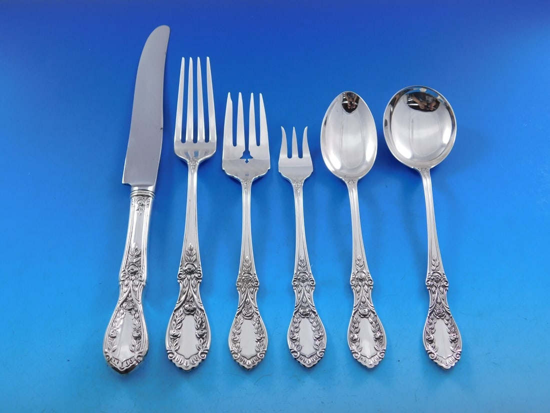 Manchester American Beauty Sterling Silver Flatware Set 74 Pieces for 12: Manchester American Beauty Sterling Silver Flatware Set 74 Pieces for 12 Elevate your dining experience with the exquisite American Beauty Sterling Silver Flatware Set by Manchester, featuring 74 piec