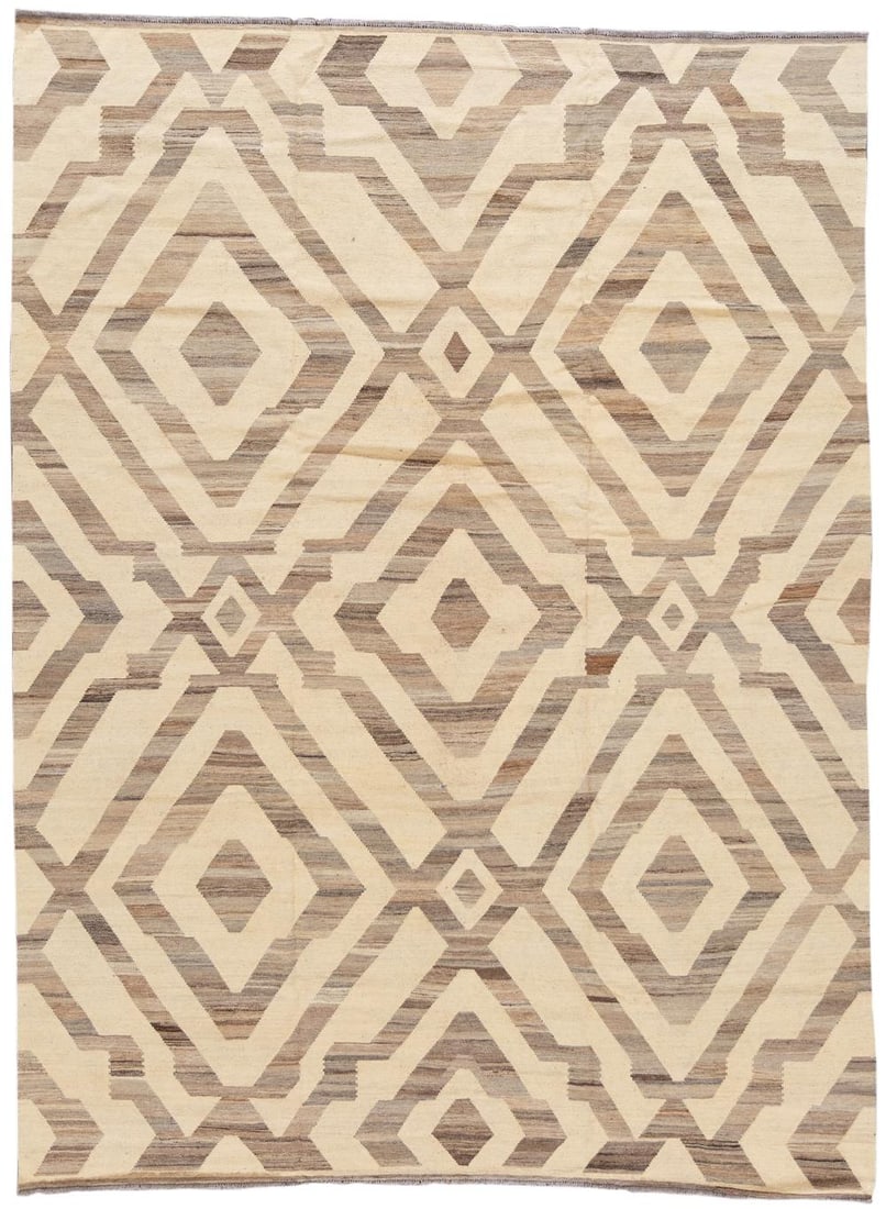 Geometric Beige Wool Kilim Rug 9'2 x 12'5 Hand-Knotted: Geometric Beige Wool Kilim Rug 9'2 x 12'5 Hand-Knotted This exquisite hand-knotted Kilim rug features a striking geometric design against a soft beige backdrop, enhanced with accents of brown and beig