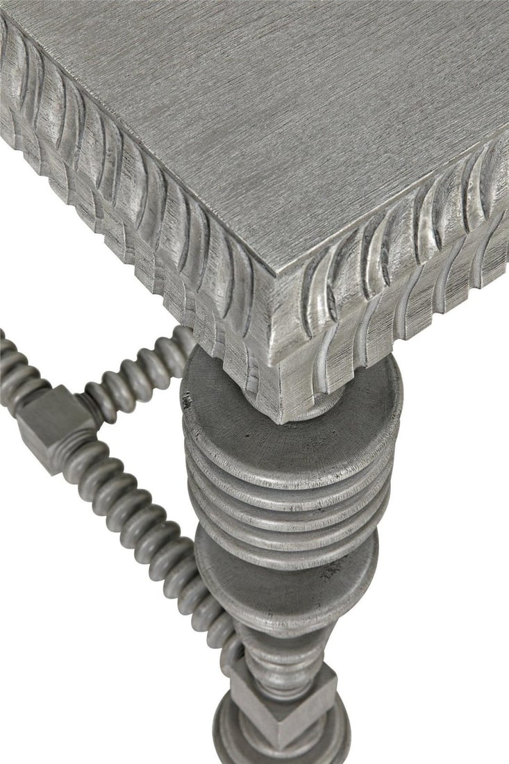 Noir Distressed Grey Mahogany Desk with Brass Pulls Portuguese Style: Noir Distressed Grey Mahogany Desk with Brass Pulls Portuguese Style This Distressed Grey Mahogany Desk features a vintage-inspired design that adds character to any space. Crafted with a distressed g