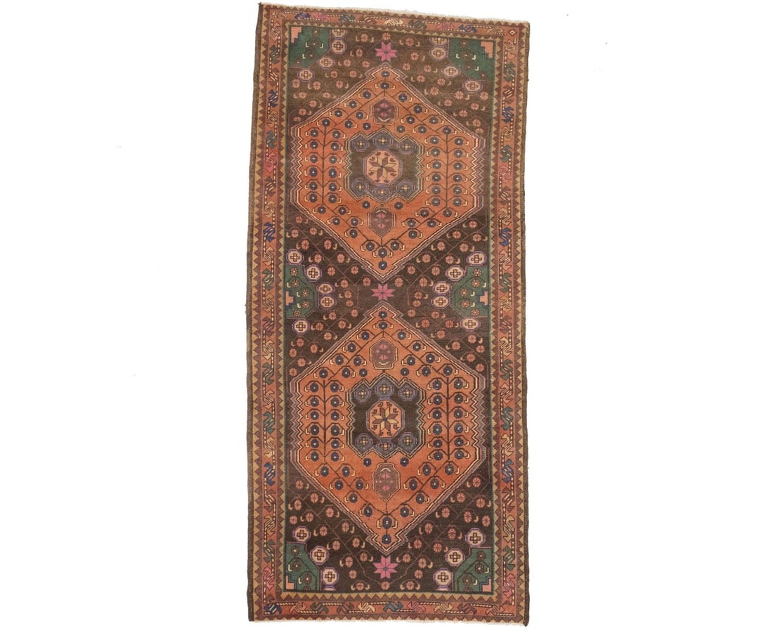 Vintage Floral Hand-Knotted Oriental Runner Rug 4'5 x 9'8 ft: Vintage Floral Hand-Knotted Oriental Runner Rug 4'5 x 9'8 ft Enhance your space with this Semi-Antique Oriental Wide Runner Rug, a stunning addition to any kitchen, hallway, or bedroom. Measuring 4'5"