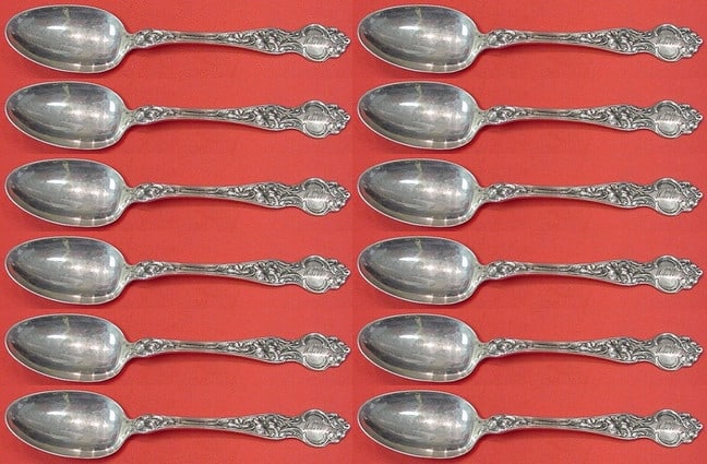 Wallace Violet Sterling Silver Teaspoon Set 12 Pieces 6 Inch: Wallace Violet Sterling Silver Teaspoon Set 12 Pieces 6 Inch This exquisite 12-piece set of teaspoons, crafted in sterling silver, features the elegant "Violet" pattern by Wallace. Each spoon measures