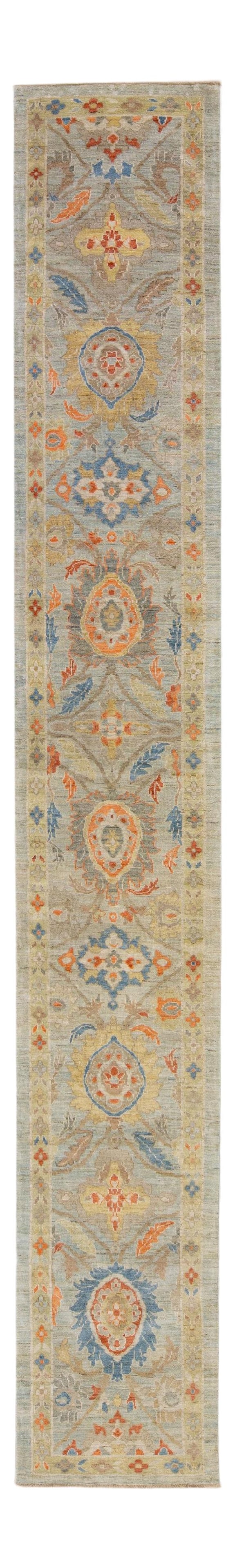 Modern Blue Floral Wool Runner 2'11 x 20'1 Handmade Sultanabad: Modern Blue Floral Wool Runner 2'11 x 20'1 Handmade Sultanabad This exquisite Modern Blue Sultanabad Handmade Floral Long Wool Runner features a stunning blue field complemented by a vibrant green fra