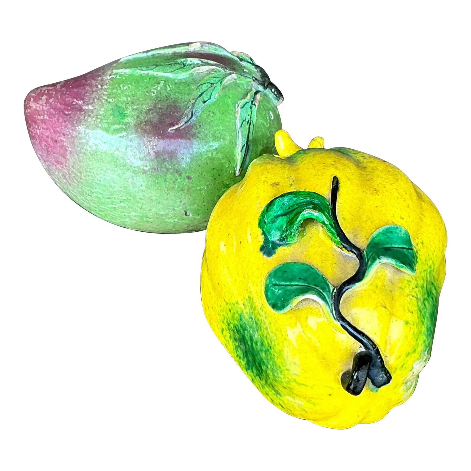 Vintage Regency Ceramic Altar Fruit Set of 2 Electric Yellow: Vintage Regency Ceramic Altar Fruit Set of 2 Electric Yellow Enhance your decor with this Vintage Regency Glazed Ceramic Altar Fruit set. Each piece showcases beautifully crafted ceramic fruit with a