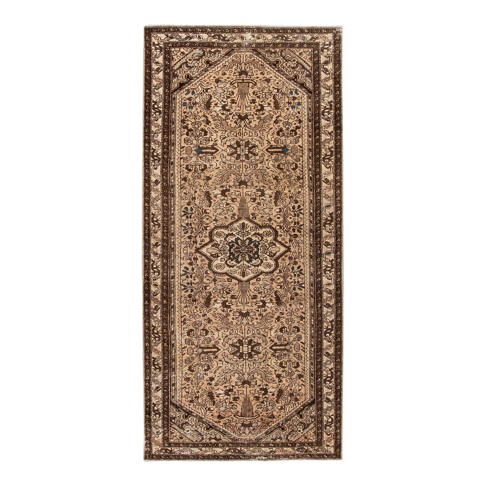 1960s Handmade Persian Wool Runner Distressed Brown 4'09 x 10'05: 1960s Handmade Persian Wool Runner Distressed Brown 4'09 x 10'05 This vintage Persian runner showcases a rich brown field highlighted by a beige frame and delicate blue accents in an all-over design.