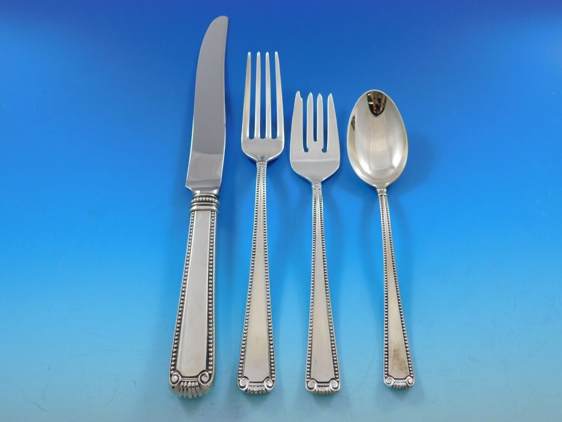 Blackinton Scroll and Bead Sterling Silver 4-Piece Place Setting: Blackinton Scroll and Bead Sterling Silver 4-Piece Place Setting Enhance your dining experience with this exquisite 4-piece place setting in the Scroll and Bead pattern by Blackinton. Crafted from hig
