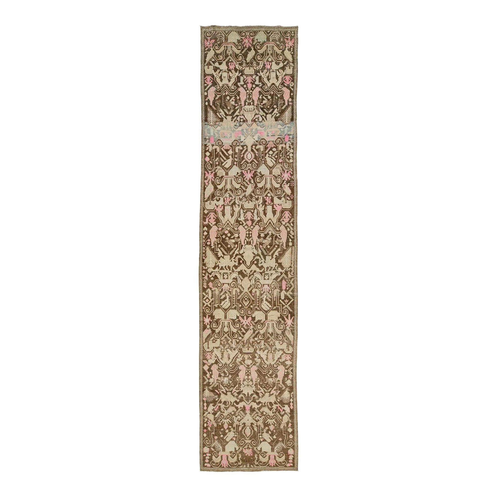 1920s Antique Karabagh Handmade Wool Runner Brown Pink 3'5 x 15'2: 1920s Antique Karabagh Handmade Wool Runner Brown Pink 3'5 x 15'2 Enhance your space with this exquisite Antique Karabagh hand-knotted wool runner, featuring a warm brown field complemented by beautif