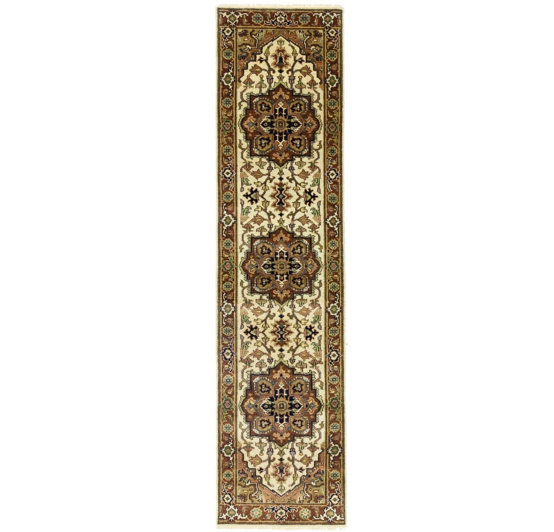 Handmade 3x10 ft Heriz Serapi Runner Rug Geometric Wool Carpet: Handmade 3x10 ft Heriz Serapi Runner Rug Geometric Wool Carpet Enhance your space with this exquisite Handmade Heriz Serapi Runner Rug, perfect for hallways, kitchens, or bedrooms. Measuring 2'6" x 9'