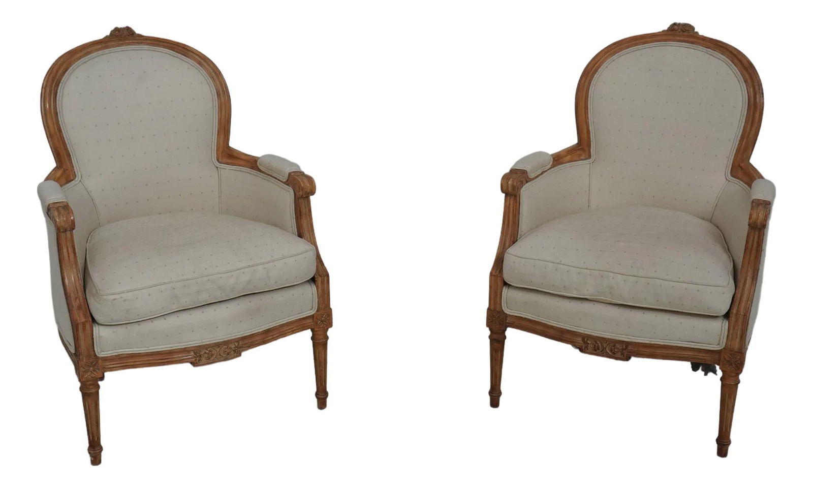 Elegant Vintage French Louis XVI Bergere Armchairs Pair: Elegant Vintage French Louis XVI Bergere Armchairs Pair This exquisite pair of vintage French Louis XVI Bergere armchairs showcases timeless elegance and craftsmanship. Dating back approximately 60 ye