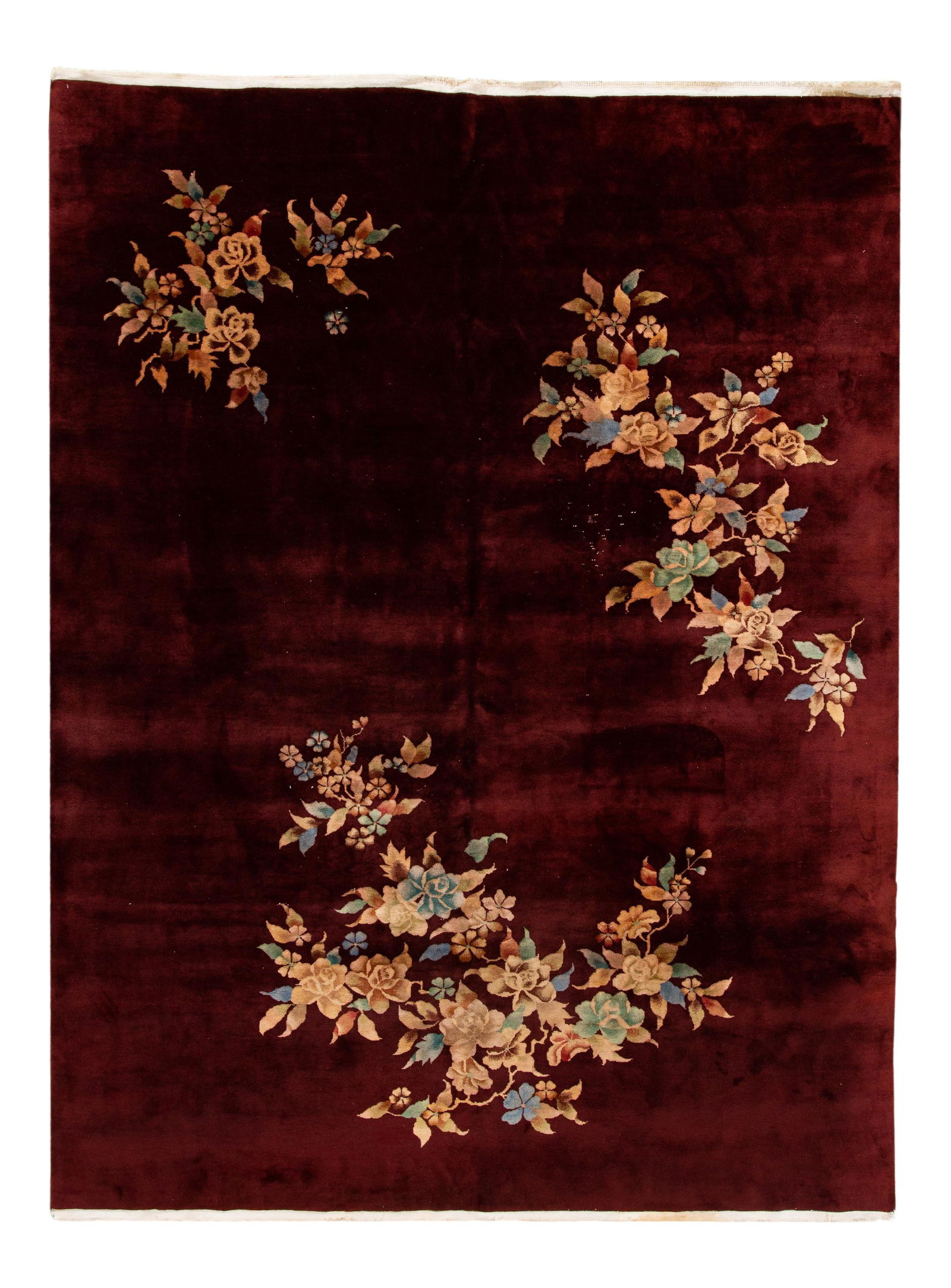 Antique Chinese Art Deco Red Wool Rug 9' x 11'8: Antique Chinese Art Deco Red Wool Rug 9' x 11'8 Discover the elegance of this exquisite Antique Art Deco Chinese Red Wool Rug. This hand-knotted wool rug features a stunning red field adorned with a v