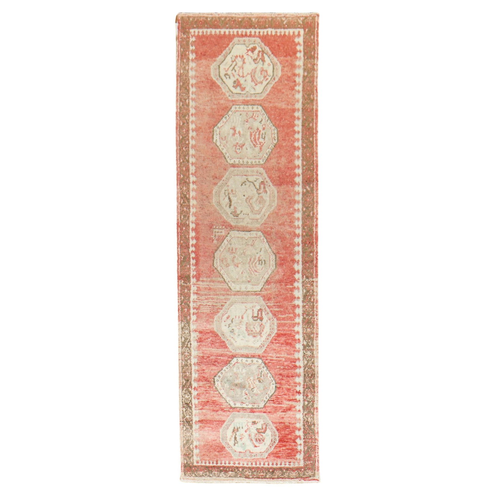 Zabihi Collection Vintage Red Turkish Oushak Runner 28 x 90 Hand-Woven Wool: Zabihi Collection Vintage Red Turkish Oushak Runner 28 x 90 Hand-Woven Wool Introducing a stunning Red Vintage Turkish Oushak Narrow Runner, meticulously hand-woven from high-quality wool. This mid-20