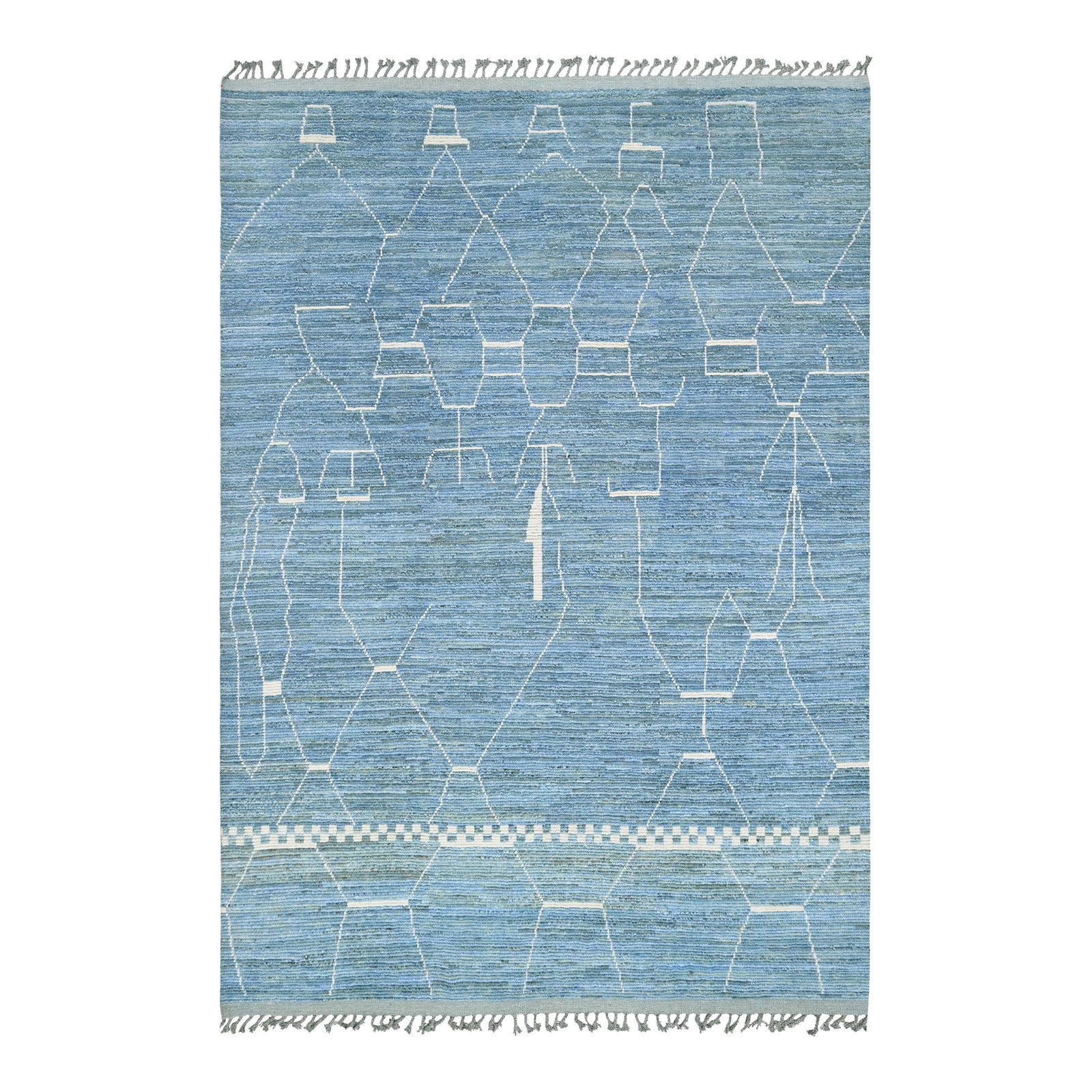 Modern Moroccan Hand-Knotted Wool Rug 9' x 12'8' Blue Beige Design: Modern Moroccan Hand-Knotted Wool Rug 9' x 12'8' Blue Beige Design Transform your living space with this stunning 9' x 12'8" modern Moroccan style hand-knotted wool rug. Showcasing a vibrant blue fiel