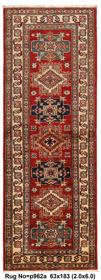 Handmade 2.1 x 6 Super Kazak Runner Fine Wool Red Gold Blue: Handmade 2.1 x 6 Super Kazak Runner Fine Wool Red Gold Blue Free continental US Shipping Transform your space with this exquisite 2' x 6' Quality Super Kazak Runner, meticulously handcrafted from the