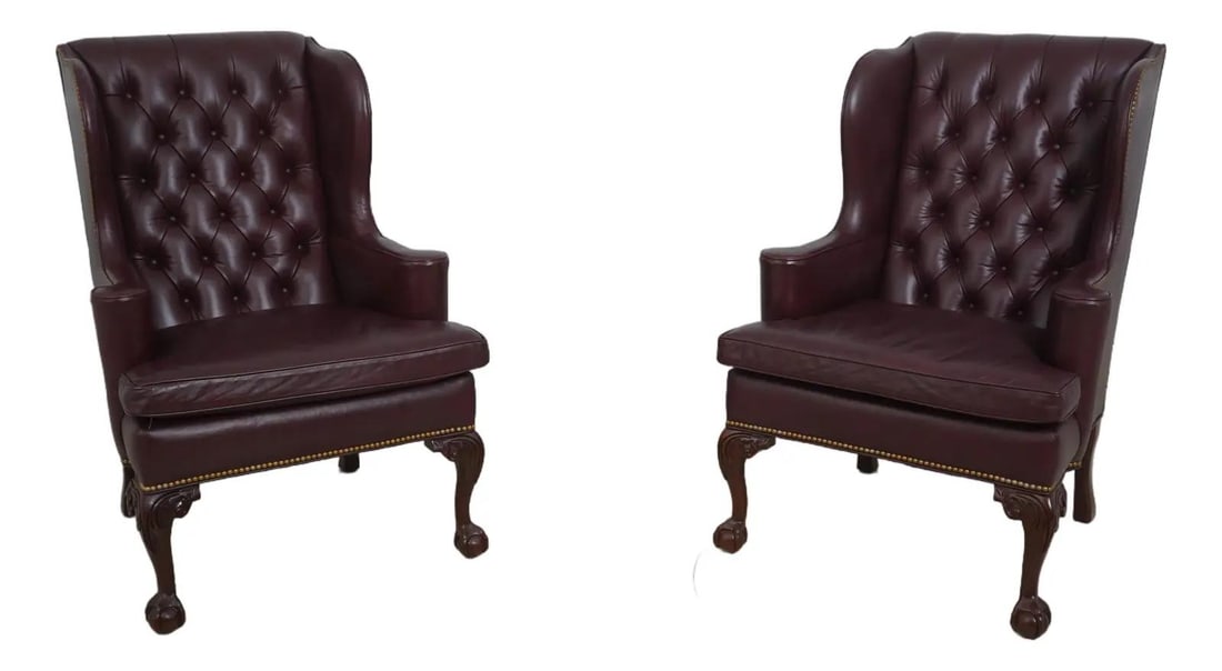 Hancock & Moore Burgundy Leather Tufted Wing Chairs Pair (1 of 10)