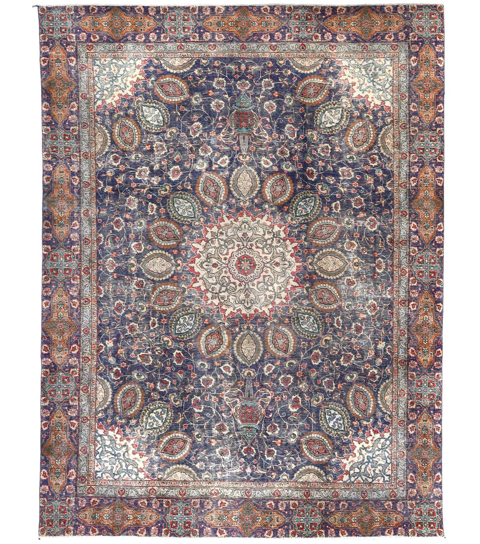 Hand-Knotted Wool Area Rug With Distressed Floral Pattern 8'10 x 11'7 Vintage: Hand-Knotted Wool Area Rug With Distressed Floral Pattern 8'10 x 11'7 Vintage This vintage handmade Oriental rug features a muted floral pattern in shades of plum, cream, red, orange, and light blue.