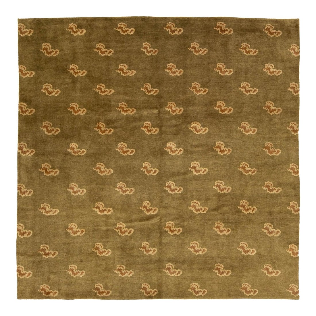 Modern Tibetan Green Wool Rug Art Deco Design 8'10" x 8'10": Modern Tibetan Green Wool Rug Art Deco Design 8'10" x 8'10" Elevate your space with this exquisite modern Tibetan rug, showcasing a captivating Art Deco design in rich shades of brown and beige. Craft