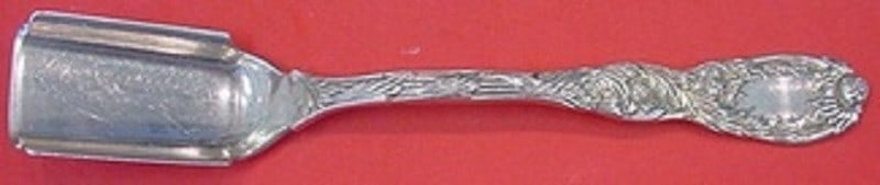 Tiffany & Co Chrysanthemum Sterling Silver Cheese Scoop Goldwashed 7 3/4": Tiffany & Co Chrysanthemum Sterling Silver Cheese Scoop Goldwashed 7 3/4" This exquisite cheese scoop from Tiffany & Co. features the elegant Chrysanthemum pattern, crafted from high-quality sterling