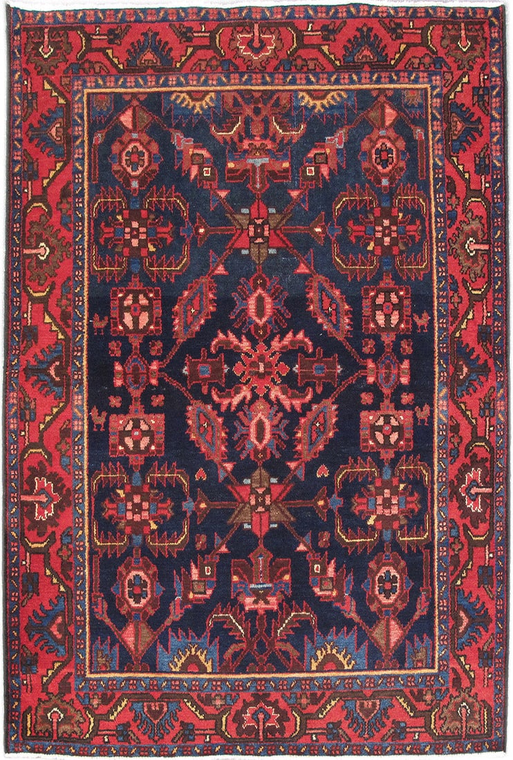 Handcrafted 4.6 x 6.9 Red Persian Hamadan Area Rug from Iran: Handcrafted 4.6 x 6.9 Red Persian Hamadan Area Rug from Iran Free continental US Shipping Experience the timeless elegance of this handcrafted Red Persian Hamadan Rug, measuring 4' 6" x 6' 9". Expertl