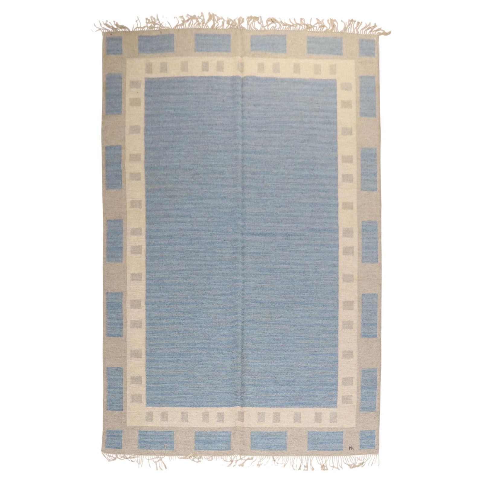 Mid-20th Century Abstract Swedish Kilim Rug Signed by MA: Mid-20th Century Abstract Swedish Kilim Rug Signed by MA This exquisite Abstract Swedish Kilim, signed by MA, showcases the hallmark craftsmanship of mid-20th Century Scandinavian design. Hand-knotted
