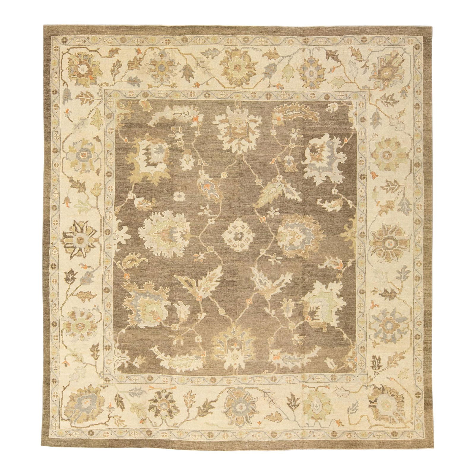 Modern Oushak Floral Wool Rug 12'10 x 13'11 Brown Handmade: Modern Oushak Floral Wool Rug 12'10 x 13'11 Brown Handmade Enhance your space with this stunning modern Oushak hand-knotted wool rug, featuring a rich brown field adorned with a beautiful floral motif
