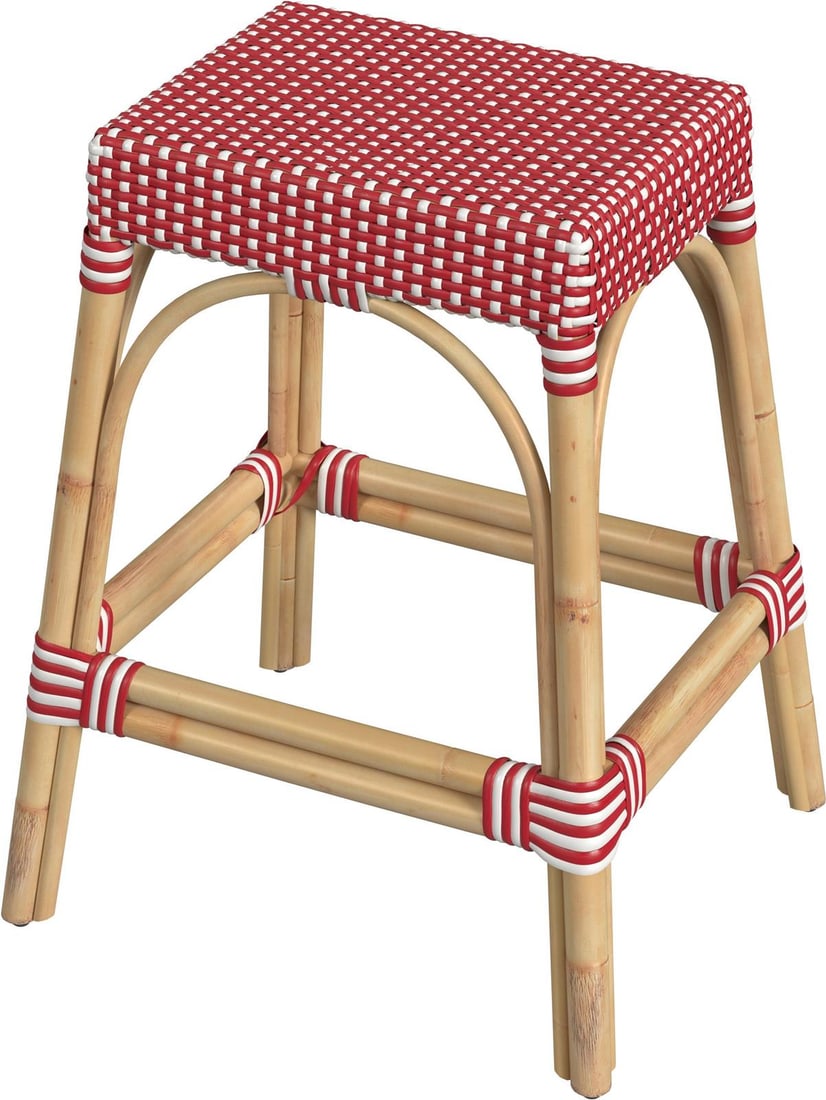 Coastal Style Counter Stool with Natural Rattan and Red Accents: Coastal Style Counter Stool with Natural Rattan and Red Accents This counter stool features a natural rattan frame with striking red accents, designed in a coastal style. The stool is constructed from