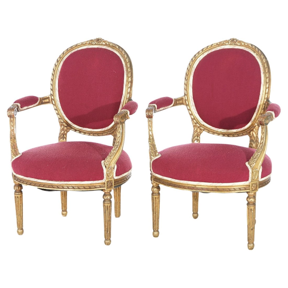Antique French Louis XVI Giltwood Armchair Pair C1920 Set of 2: Antique French Louis XVI Giltwood Armchair Pair C1920 Set of 2 This exquisite pair of Antique French Louis XVI style armchairs showcases timeless elegance with their giltwood construction and luxuriou