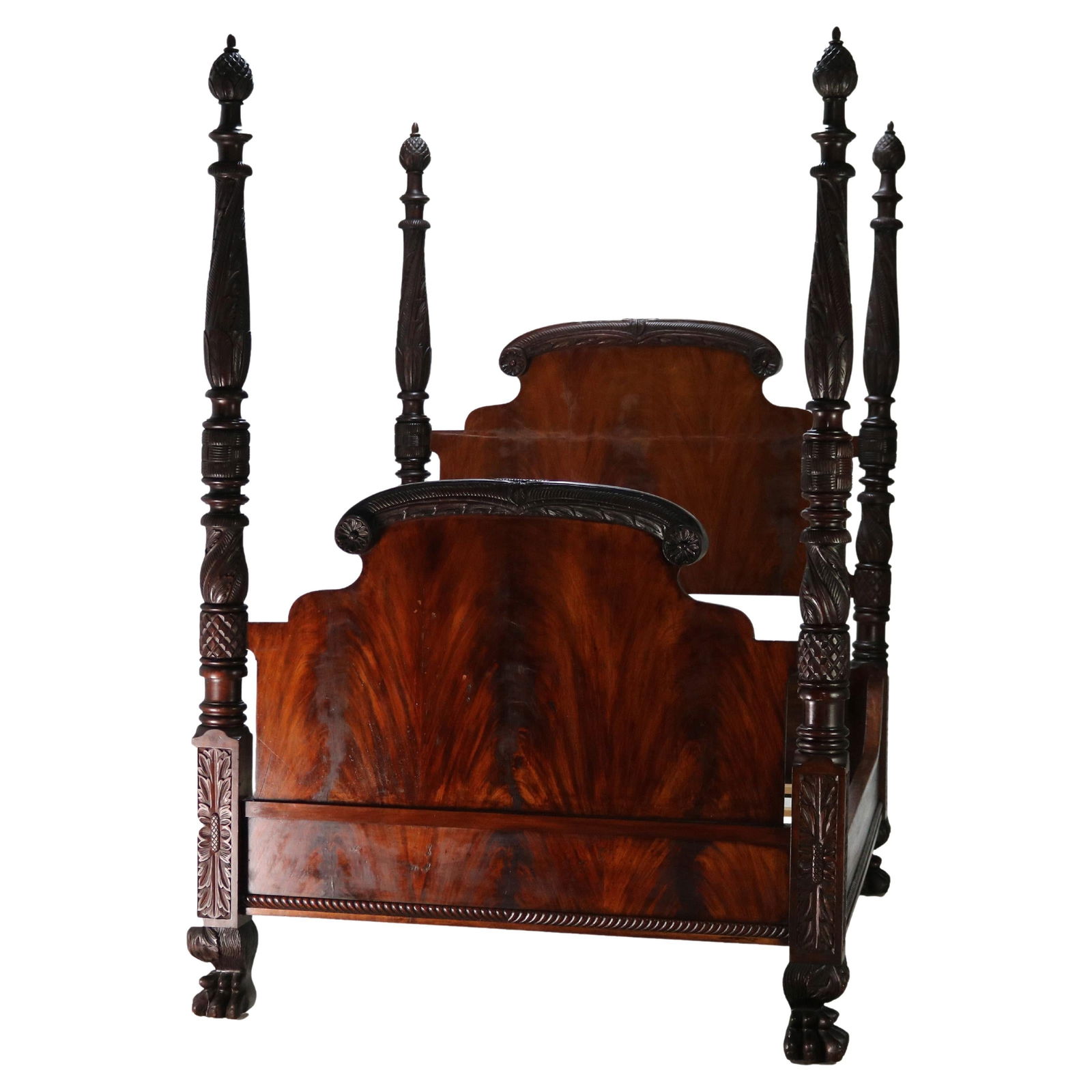 Monumental c1840 American Empire Carved Flame Mahogany Poster Bed: Monumental c1840 American Empire Carved Flame Mahogany Poster Bed This monumental American Empire Neoclassical carved flame mahogany poster bed, dating back to circa 1840, showcases exquisite craftsma