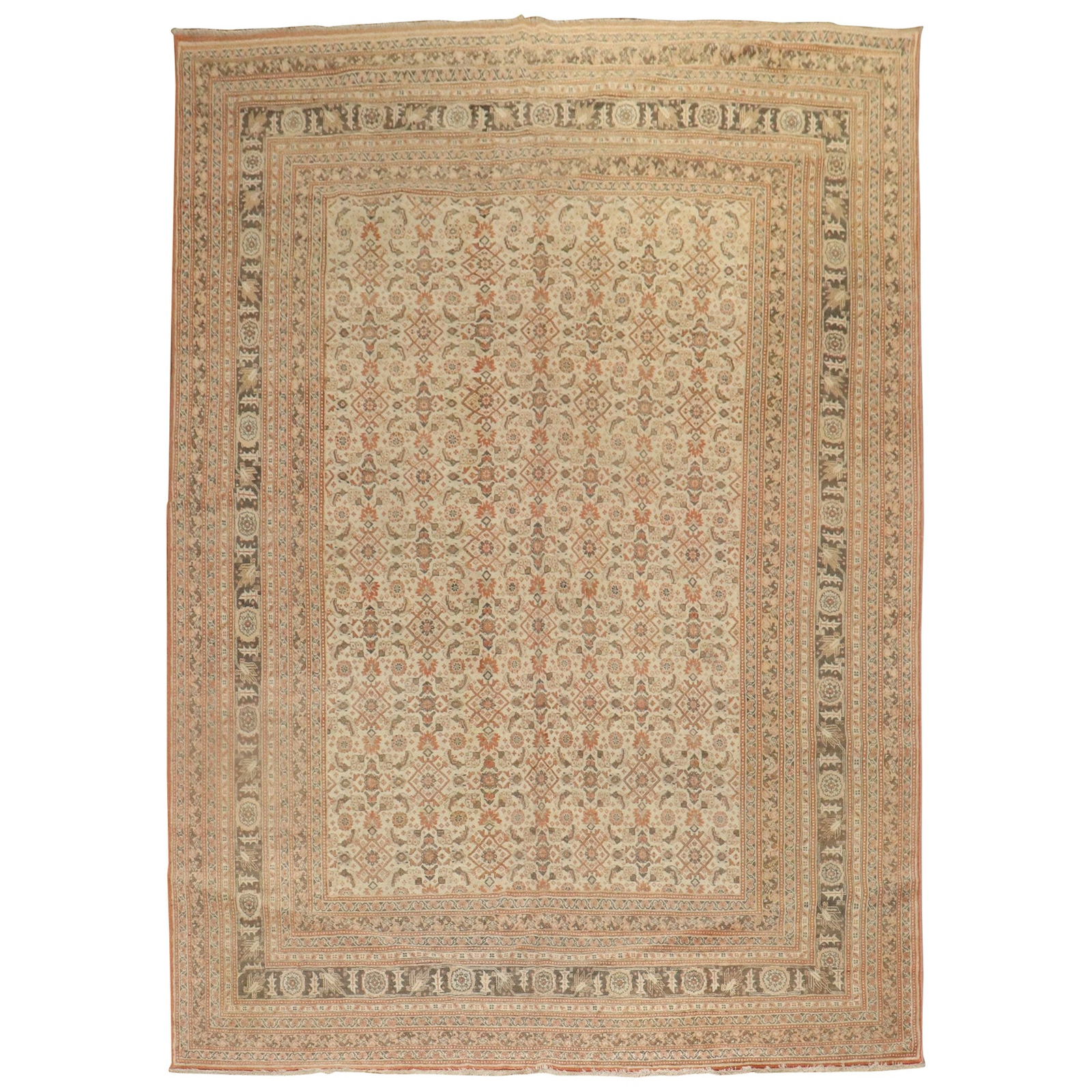 Antique Persian Tabriz Rug 1910 Wool Hand-Woven Ivory Terracotta 7'9 x 11'3: Antique Persian Tabriz Rug 1910 Wool Hand-Woven Ivory Terracotta 7'9 x 11'3 This exquisite Antique Persian Tabriz Rug from the early 20th century showcases a stunning ivory field adorned with terracot