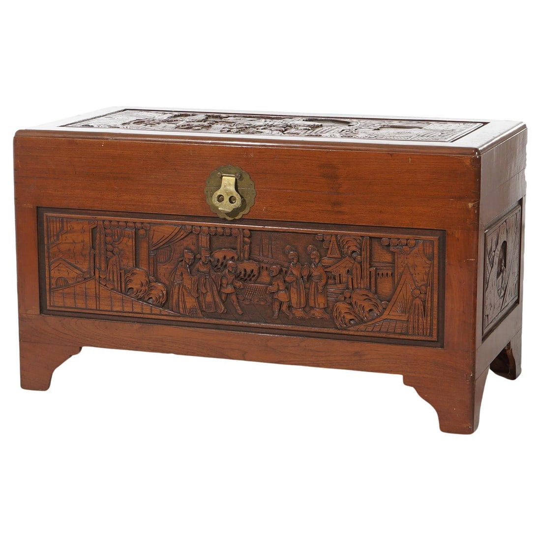 20th Century Chinese Carved Hardwood Blanket Chest with Street Scene: 20th Century Chinese Carved Hardwood Blanket Chest with Street Scene This exquisite Chinese Carved Hardwood Figural Blanket Chest or Wedding Trunk features a beautifully detailed street scene in relie