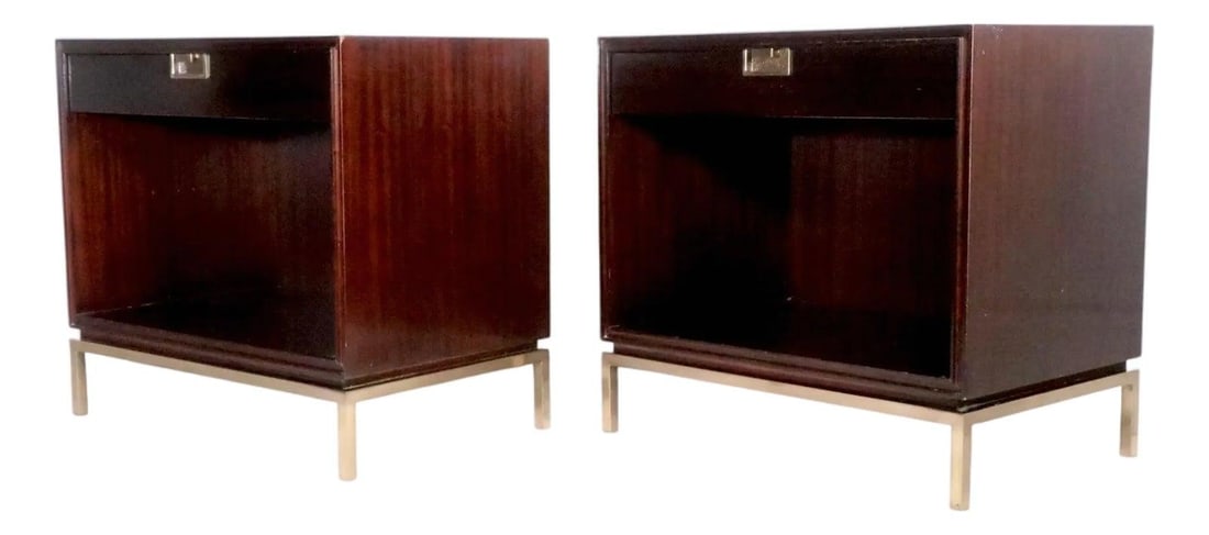 Chic Pair of Hollywood Regency Nightstands by Thomas Pheasant for Baker Furniture: Chic Pair of Hollywood Regency Nightstands by Thomas Pheasant for Baker Furniture This elegant pair of Hollywood Regency style nightstands embodies sophistication and craftsmanship. Designed by Thomas