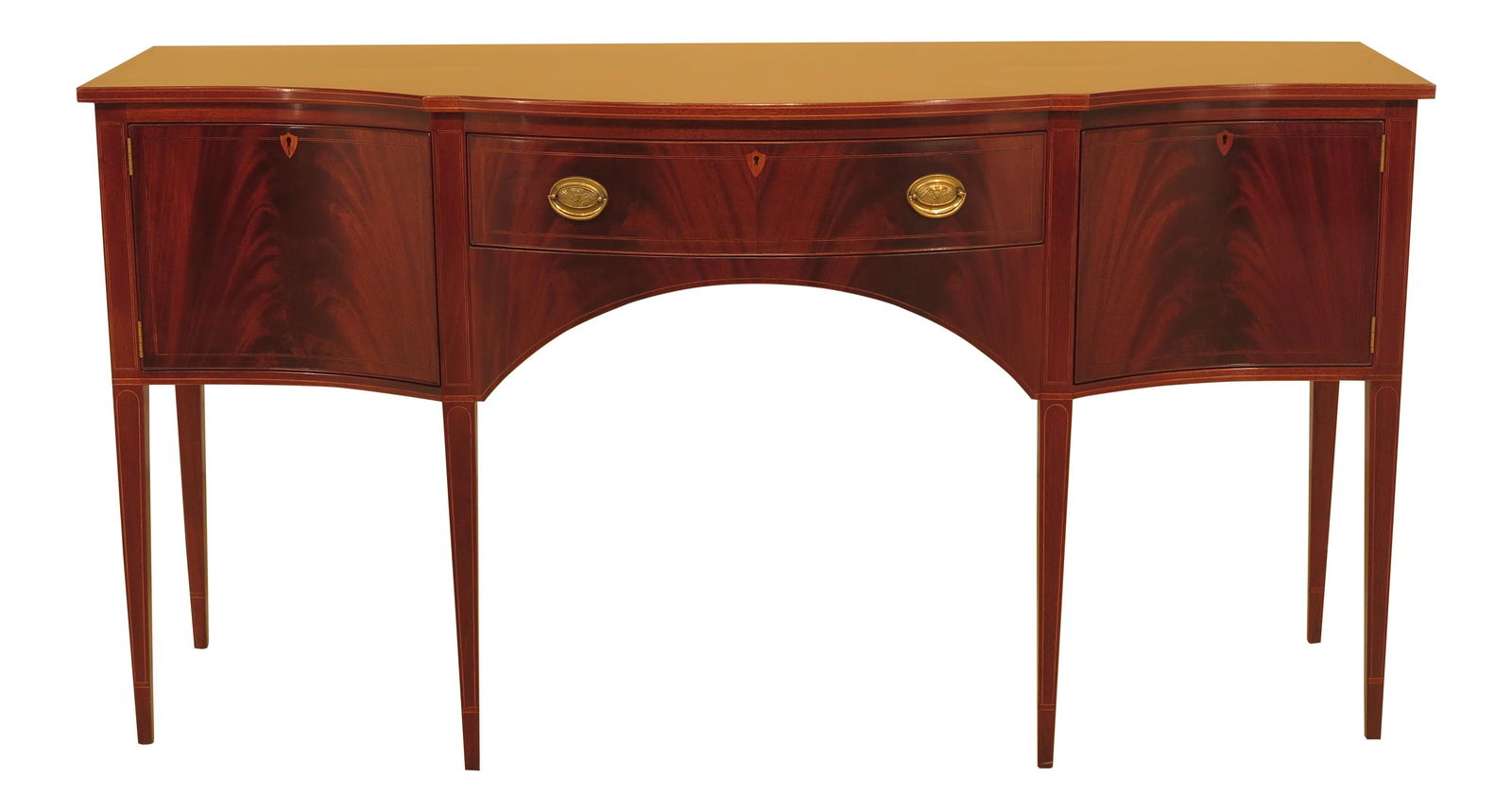 1960s Federal Biggs Inlaid Mahogany Sideboard with Brass Hardware: 1960s Federal Biggs Inlaid Mahogany Sideboard with Brass Hardware This stunning 1960s Federal Biggs inlaid mahogany sideboard showcases exquisite craftsmanship and timeless design. It features a beaut