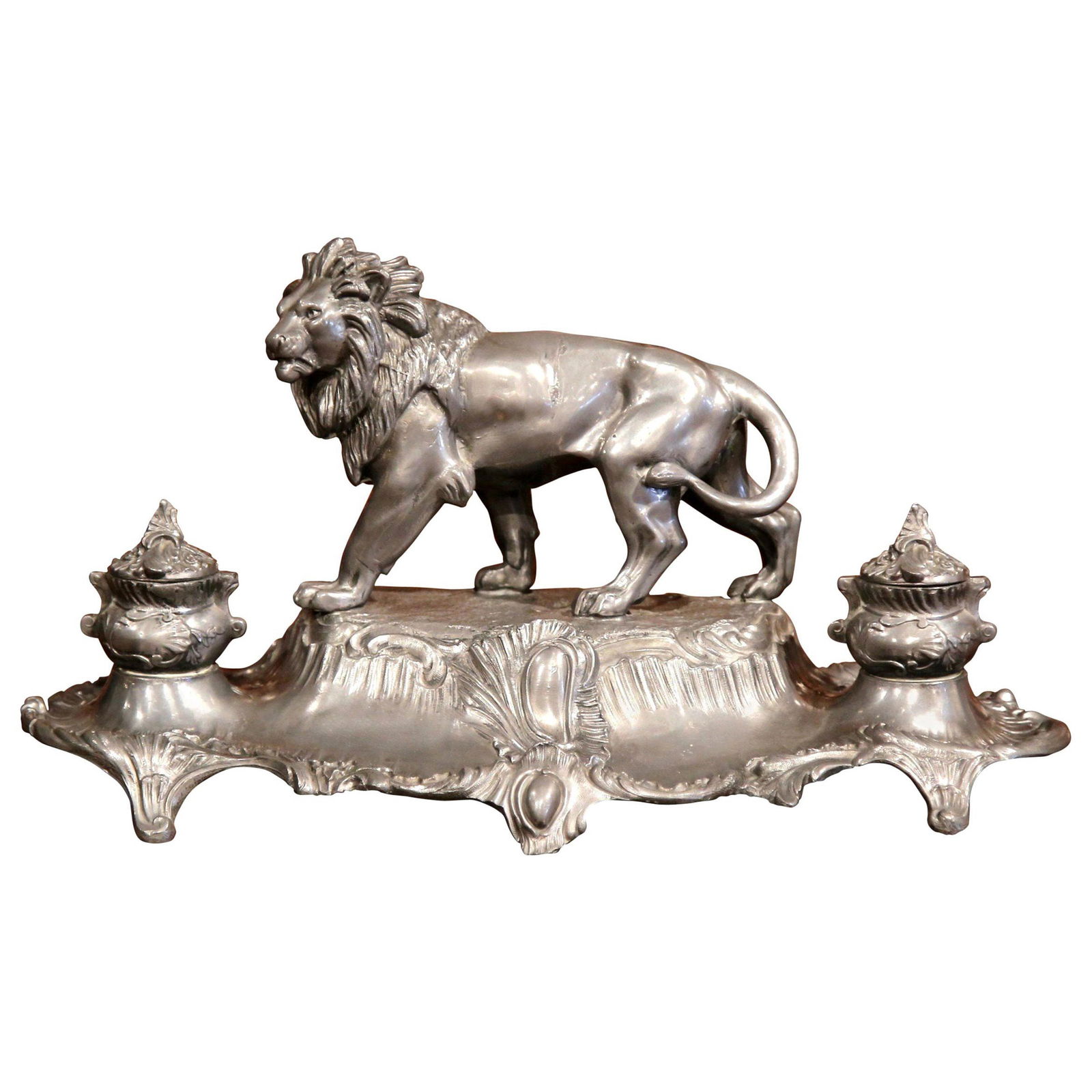 Antique 19th Century French Pewter Inkwell with Lion by A. Bossu: Antique 19th Century French Pewter Inkwell with Lion by A. Bossu This exquisite 19th Century French pewter inkwell, signed by A. Bossu, embodies the elegance of Louis XV style. Crafted circa 1880 in F
