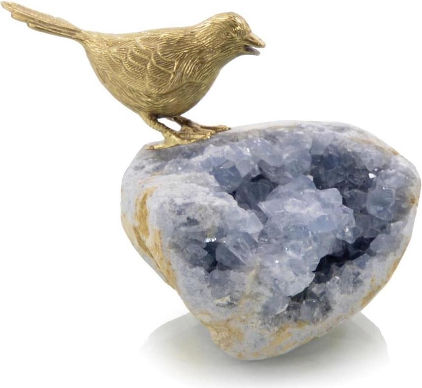 John-Richard Brass Bird Sculpture on Celestite Geode Accent: John-Richard Brass Bird Sculpture on Celestite Geode Accent Enhance your home decor with this exquisite brass bird sculpture perched on a stunning celestite geode. Crafted with attention to detail, th